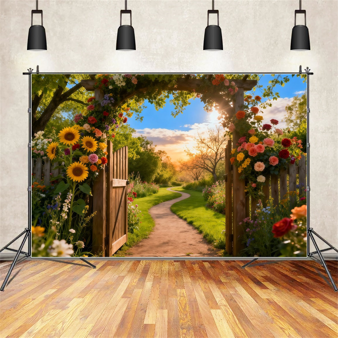 Garten-Fotohintergrund Sonnenuntergang Rustikaler Bogen Tür Weg Blumenhintergründe LXX61-180