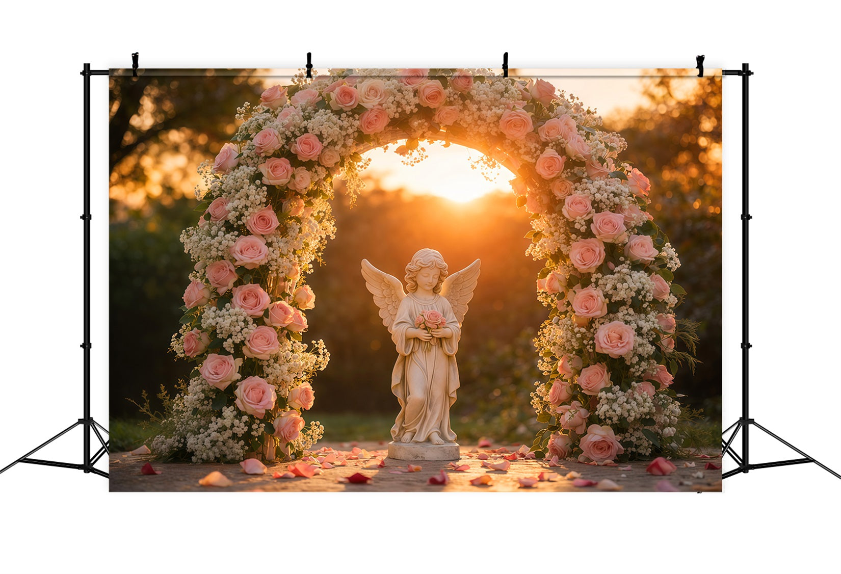 Garten-Fotohintergrund Goldene Stunde Engel Rosen Bogen Blumenhintergründe LXX61-182
