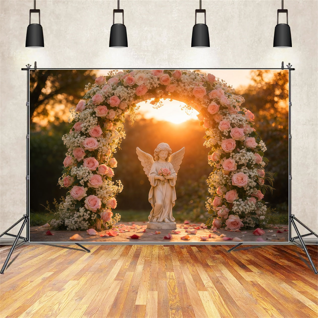 Garten-Fotohintergrund Goldene Stunde Engel Rosen Bogen Blumenhintergründe LXX61-182