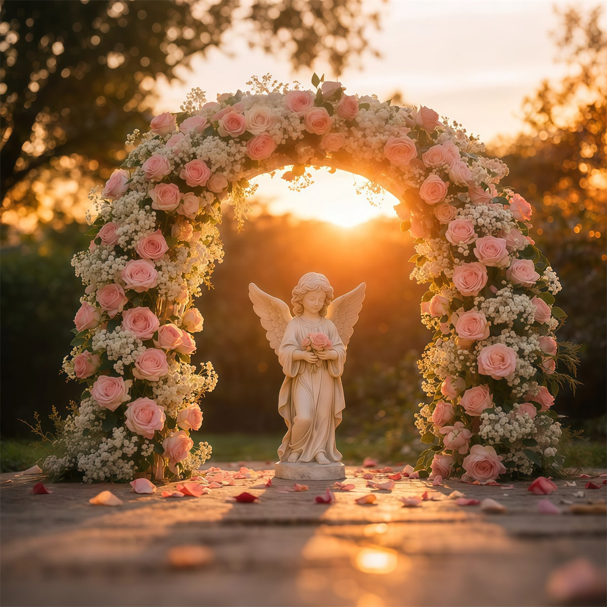 Garten-Fotohintergrund Goldene Stunde Engel Rosen Bogen Blumenhintergründe LXX61-182
