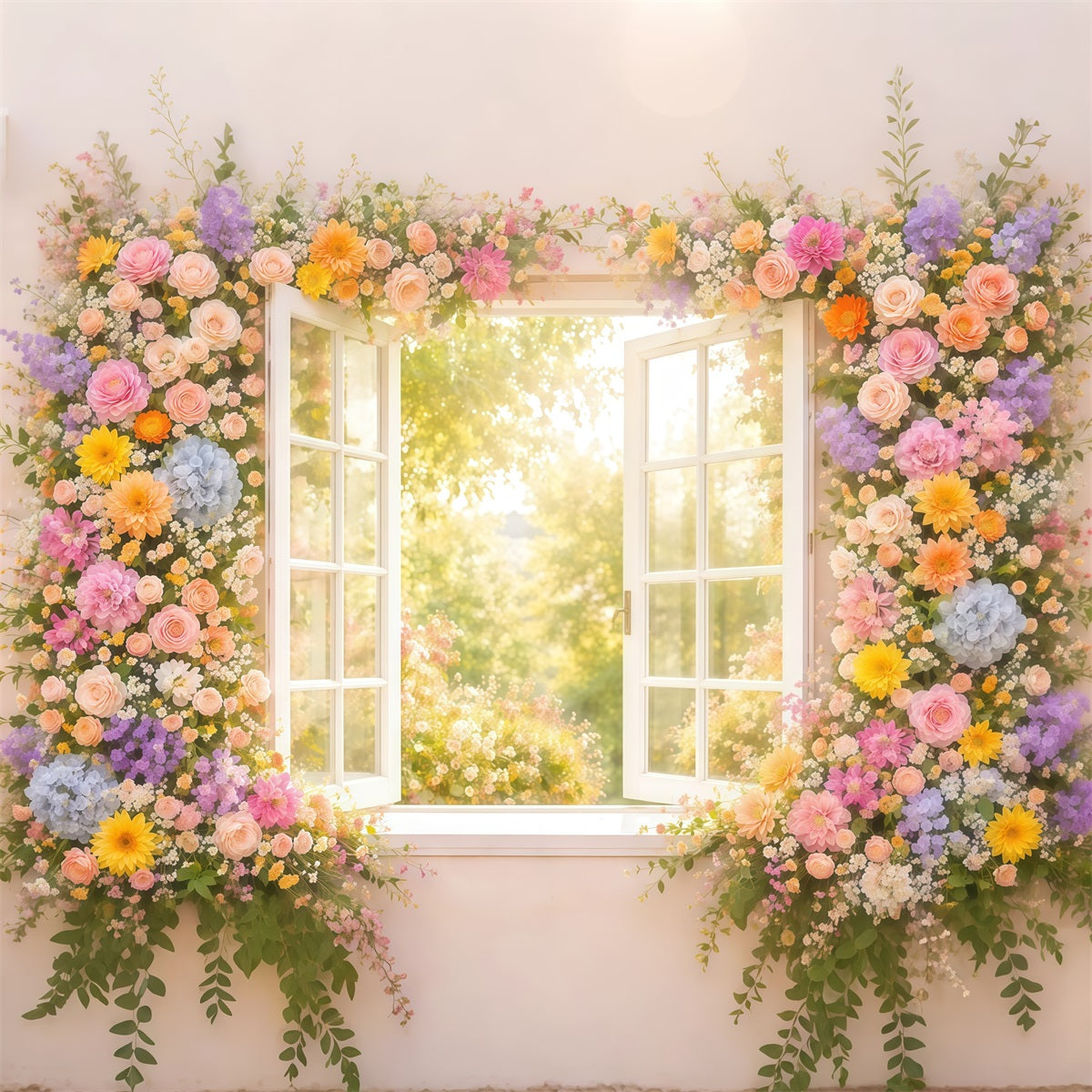 Wildblumen-Fotohintergrund Fenster Sonniger Garten Glanz Blumenhintergründe für die Fotografie LXX61-183