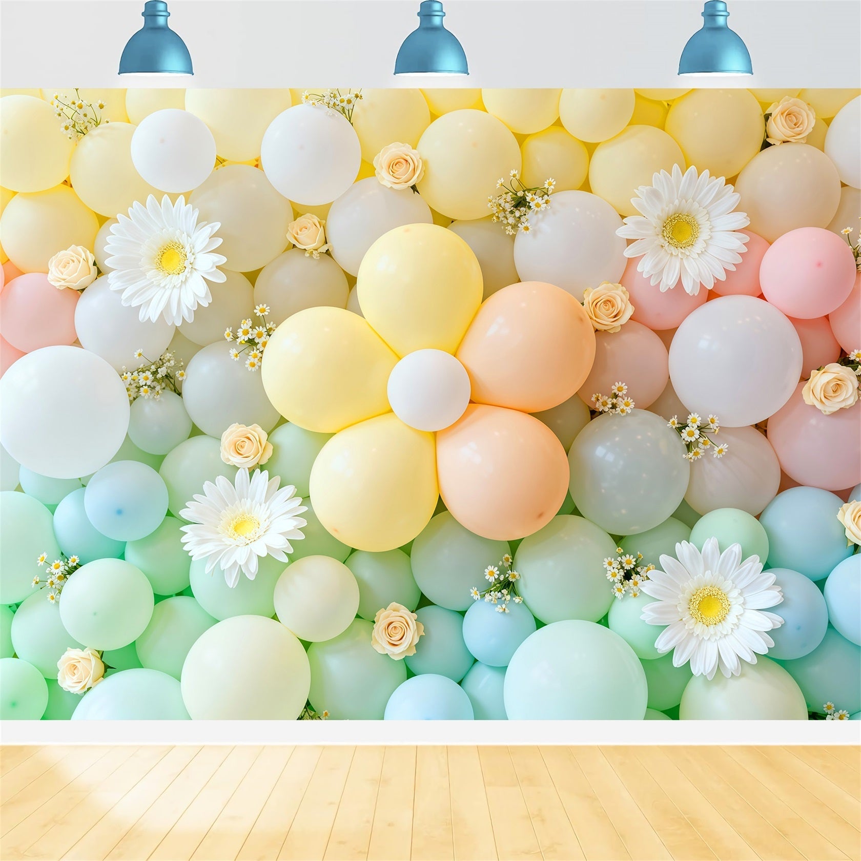Gänseblümchen-Hintergrund Blumen Pastellfarbene Ballonwand Blumengirlanden-Hintergrund LXX61-197