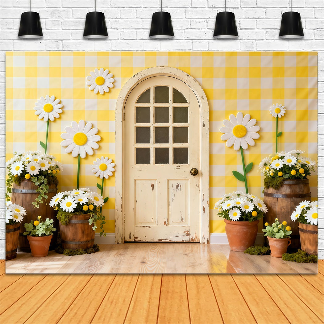 Gänseblümchen-Hintergrund Gingham Cottage Tür Blumenwand Blumengirlanden-Hintergrund LXX61-198