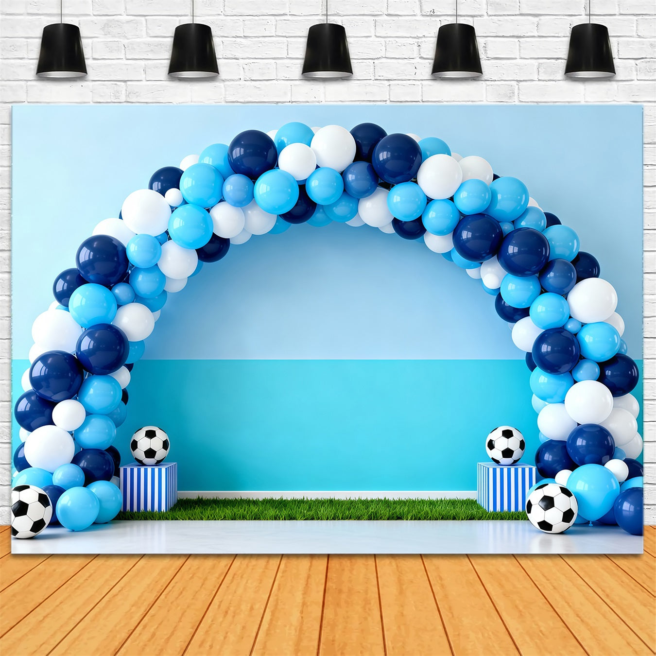 Fußballfoto-Hintergrund Blaue Ballons Torbogen Sport-Hintergründe für Fotografie LXX61-218