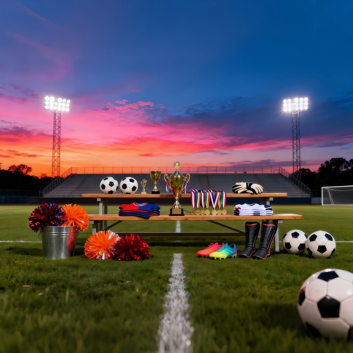 Fußball-Hintergrund Sonnenuntergang Trophäen-Auszeichnung Display Sport-Hintergründe für Fotografie LXX61-225