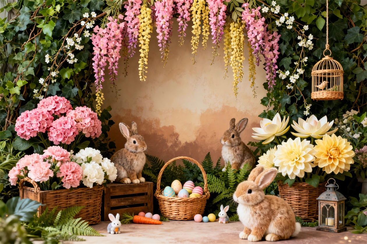 Osterhase-Bildhintergrund Gartenblumenstrauß Eierkorb-Hintergrundideen für Ostern LXX61-38