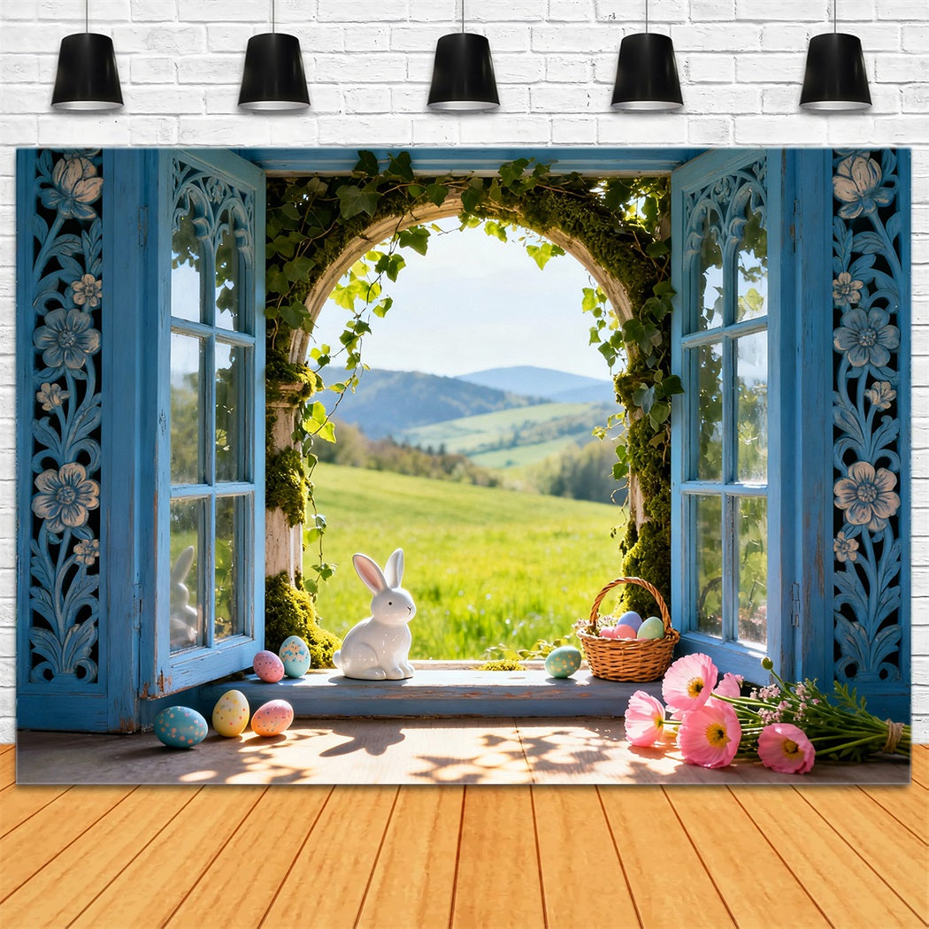 Hase-Fotohintergrund Sonnige Wiese Fenster Eier Fotokabine Oster-Hintergrundideen LXX61-39