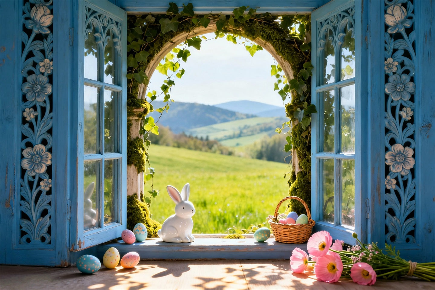 Hase-Fotohintergrund Sonnige Wiese Fenster Eier Fotokabine Oster-Hintergrundideen LXX61-39