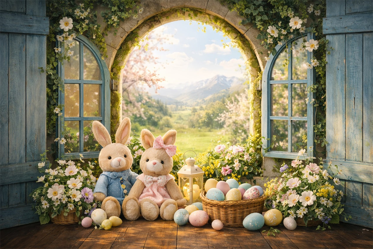 Hase-Fotohintergrund Frühlingsbogenfenster Wildblumen Fotokabine Oster-Hintergrundideen LXX61-40