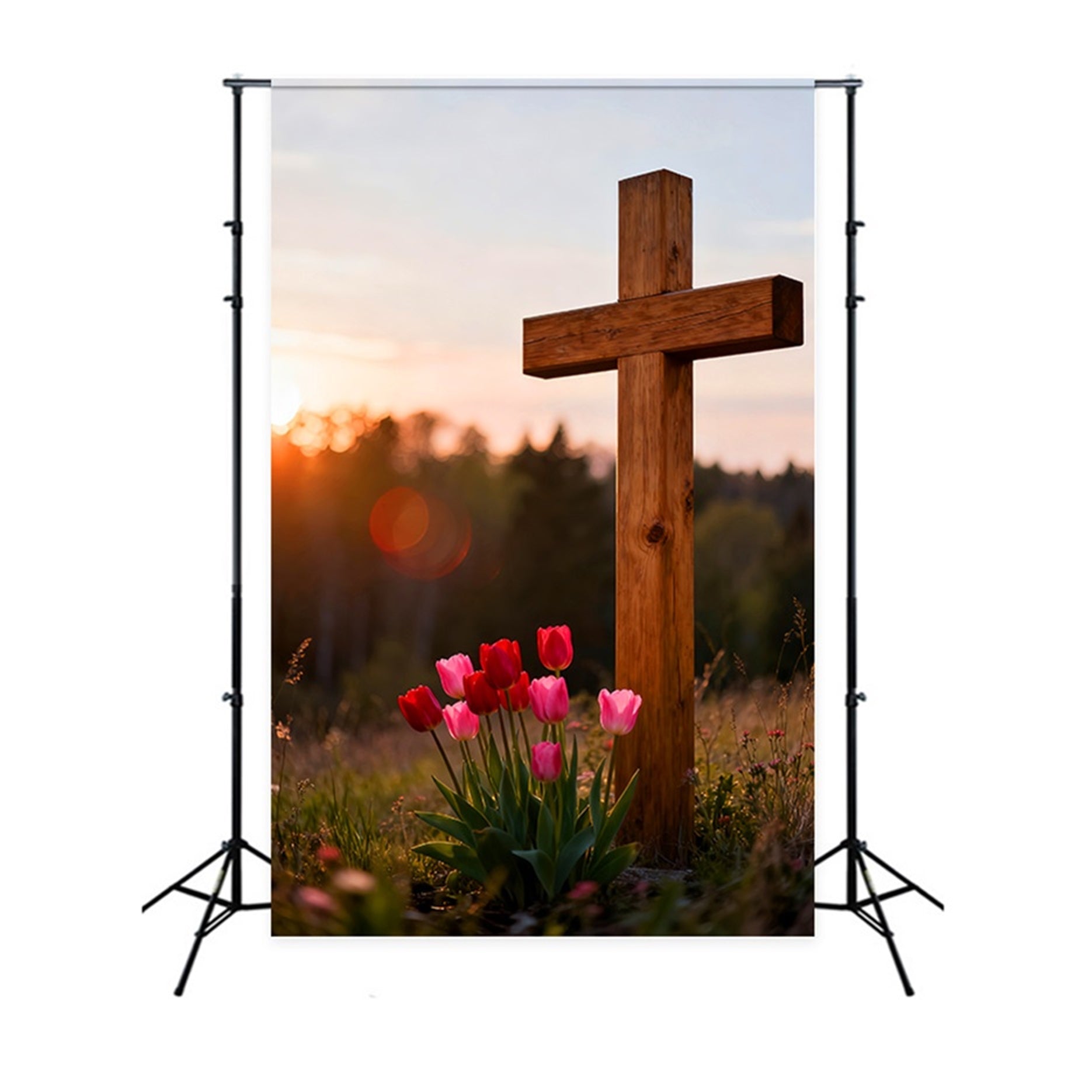 Christliche Oster-Kulissen Holzkreuz Tulpenwiese Oster-Fotokulissen für draußen LXX61-43