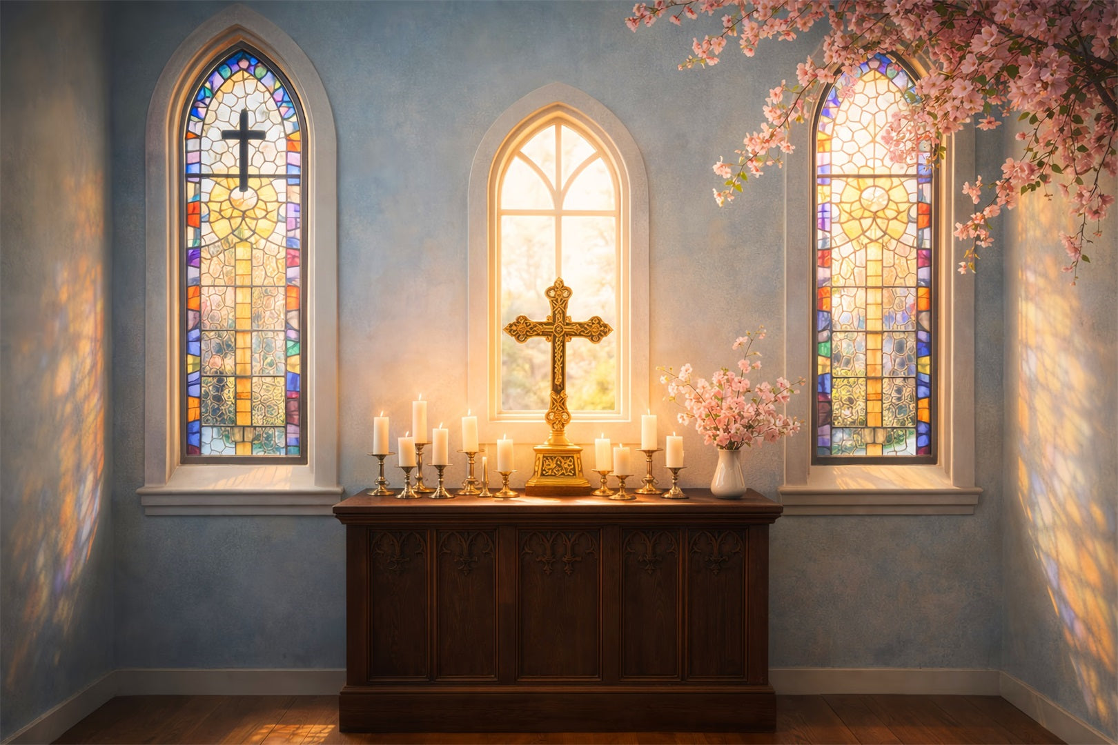 Ideen für Osterhintergründe für Kirchen Sonnendurchflutetes Buntglas Kreuz Oster-Hintergründe LXX61-47