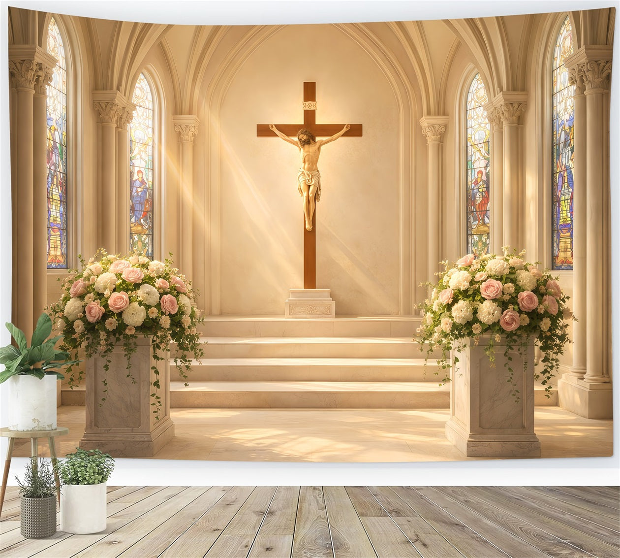 Ideen für Oster-Fotohintergründe für Kirchen Blumenkruzifix Kathedrale Lichtideen für Ostern LXX61-48