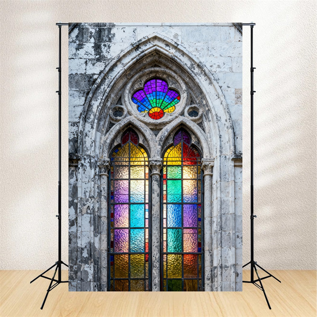 Ideen für Oster-Hintergründe für Kirchen Vintage-Steinkirche Regenbogen-Glas Einfacher Oster-Hintergrund LXX61-52