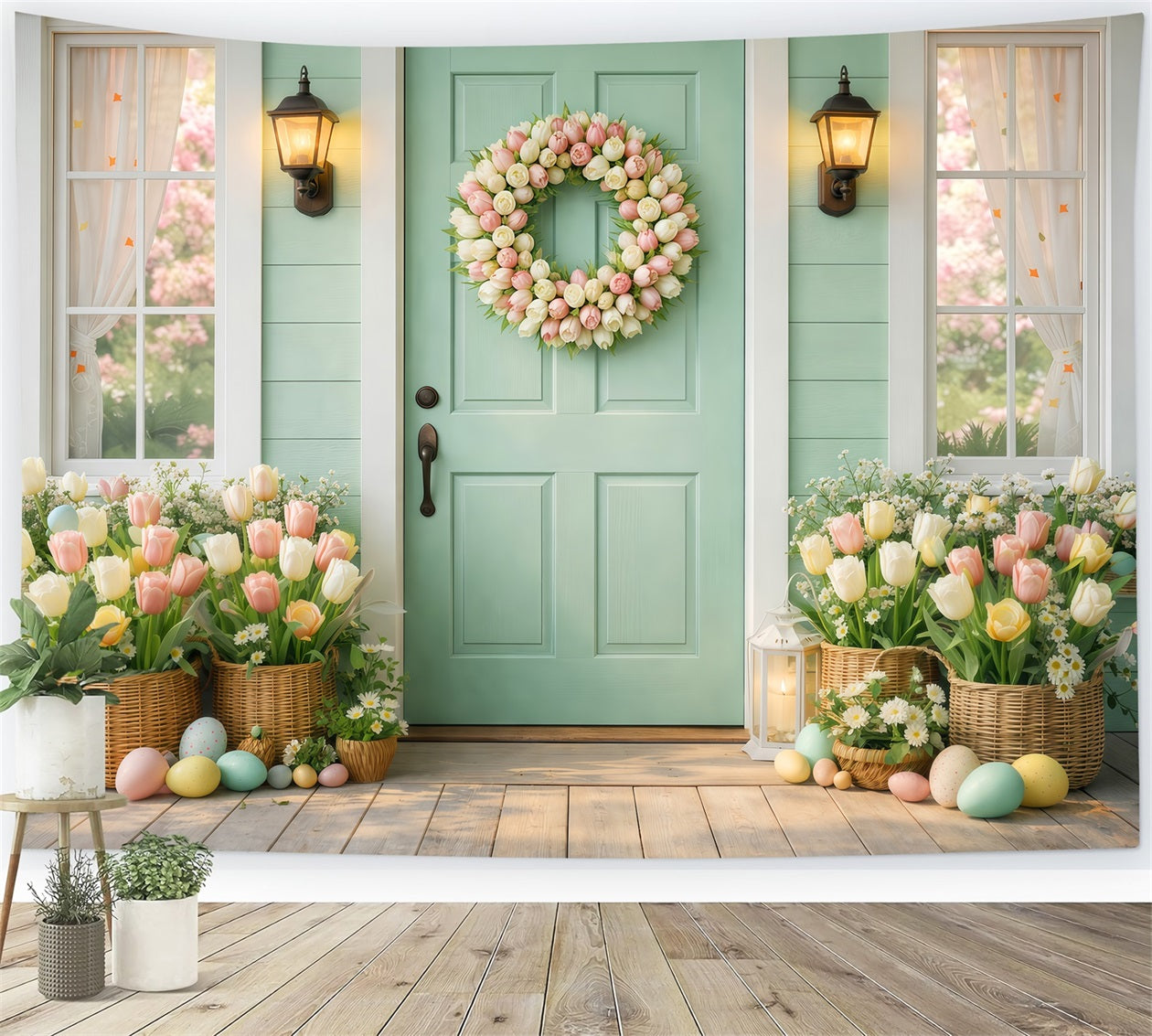 Oster-Sonntag-Hintergründe Minztür Tulpenkranz Veranda-Fotografie Oster-Fotohintergrund LXX61-56