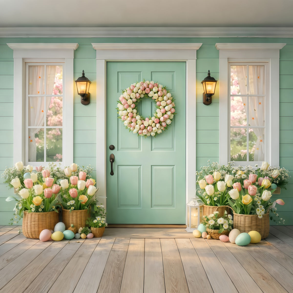 Oster-Sonntag-Hintergründe Minztür Tulpenkranz Veranda-Fotografie Oster-Fotohintergrund LXX61-56