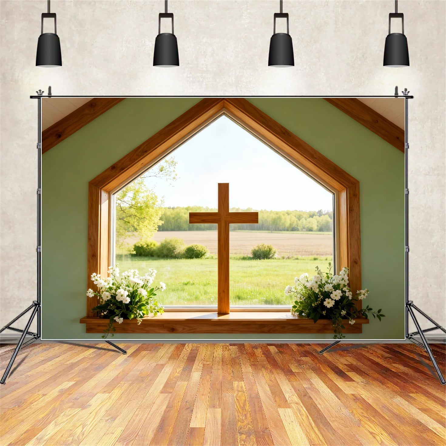 Osterkirchen-Hintergründe Sonnige Wiese Fenster Kreuz Großer Osterhintergrund LXX61-57