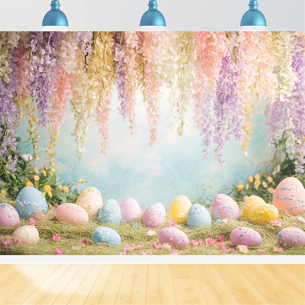 Hintergrund mit Ostereiern Hängende Glyzinien Wildblumenwiese Hintergründe für Osterspiele LXX61-66