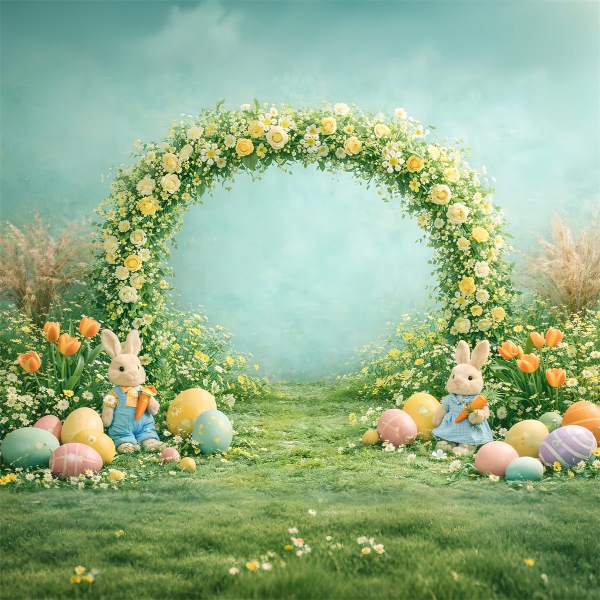 Eierhintergrund Frühlingsblumenbogen Hase Tulpe Fotografie Osterhintergründe LXX61-79