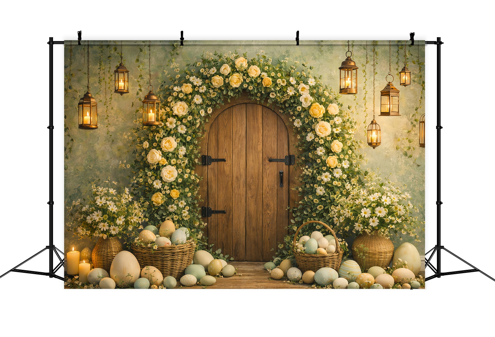 Osterei-Fotohintergrund Blumenbogen Rustikale Tür Mein erstes Osterfest-Hintergrund LXX61-81