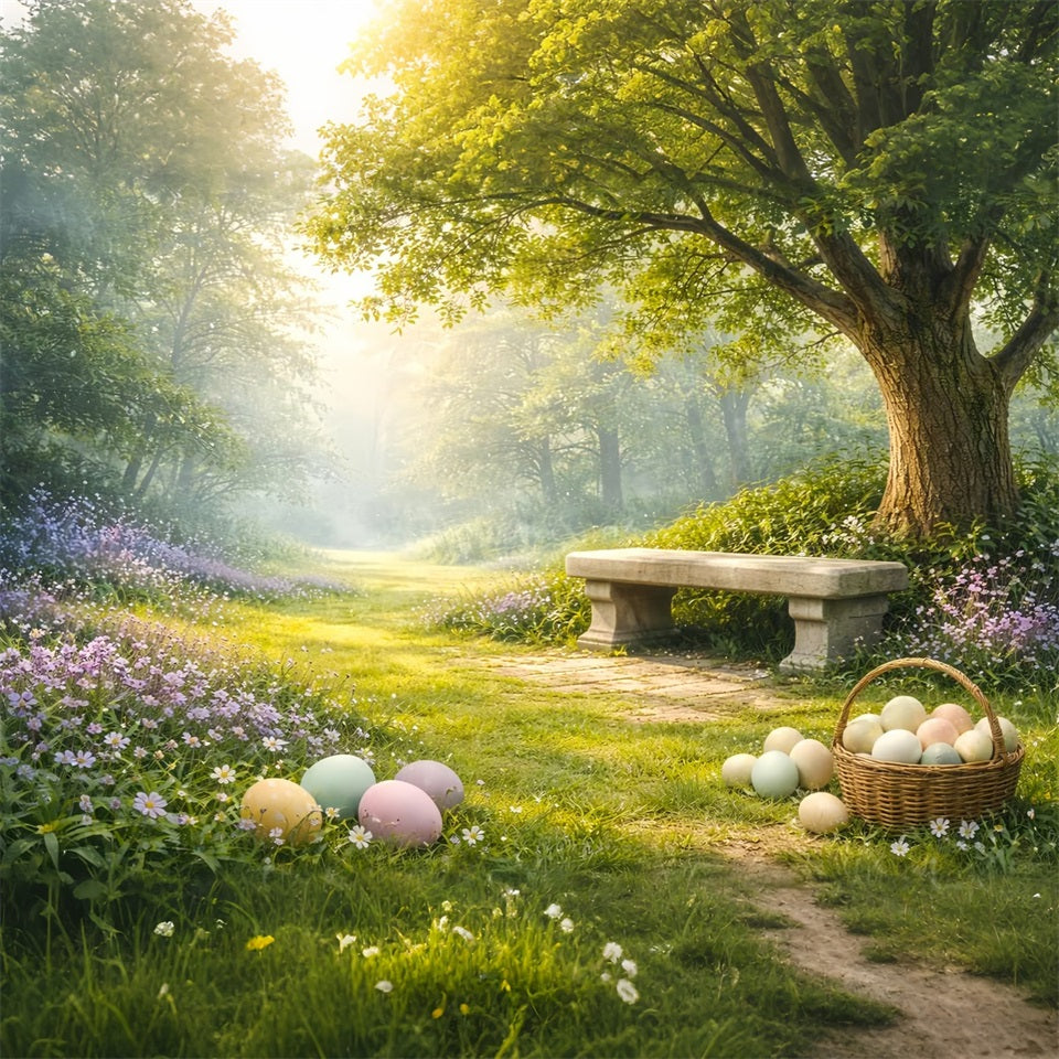 Rustikaler Osterhintergrund Sonniger Wald Wiese Bank Osterhintergründe für draußen LXX61-83