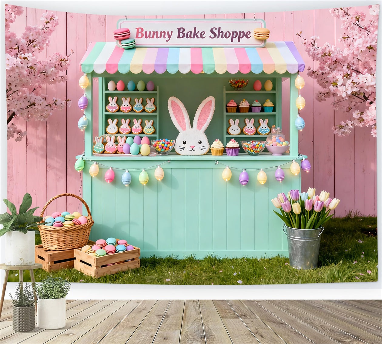 Hintergrund mit Hasen, Bäckerei, Dessertstand, Ostern, Fotohintergrund LXX61-93