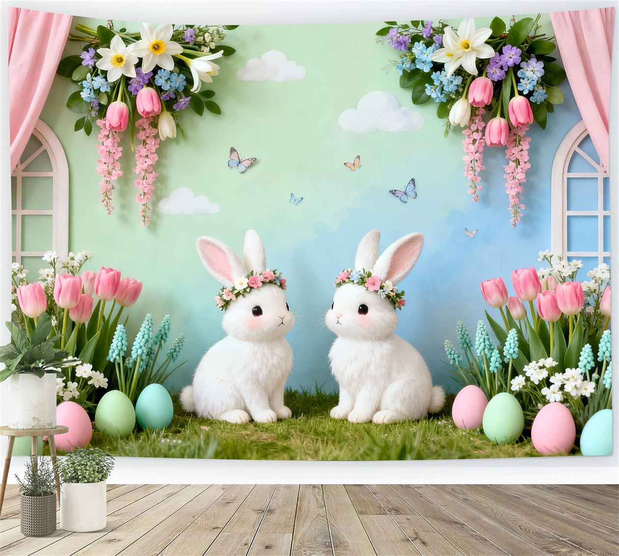 Hintergrund mit Kaninchen, zwei Hasen, Blumengarten, Ostern LXX61-94