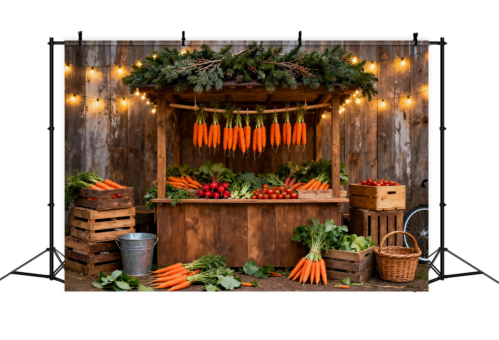 Karotten-Hintergrund Rustikaler Marktstand Lichterketten Oster-Fotohintergründe LXX61-97