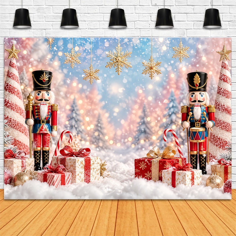 Weihnachtlicher Fotohintergrund Schneeflocken-Bokeh Geschenkauslage Nussknacker LXX610-156