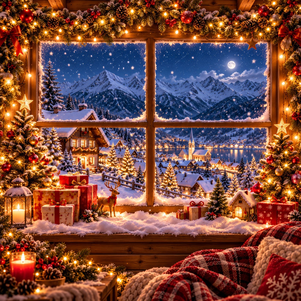 Winterlicher Weihnachtshintergrund Verschneites Alpenhausfenster LXX610-157