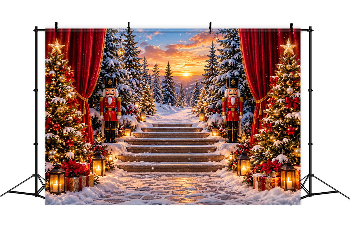 Weihnachtlicher Themenhintergrund Waldsonnenuntergang Verschneite Treppe Nussknacker LXX610-159