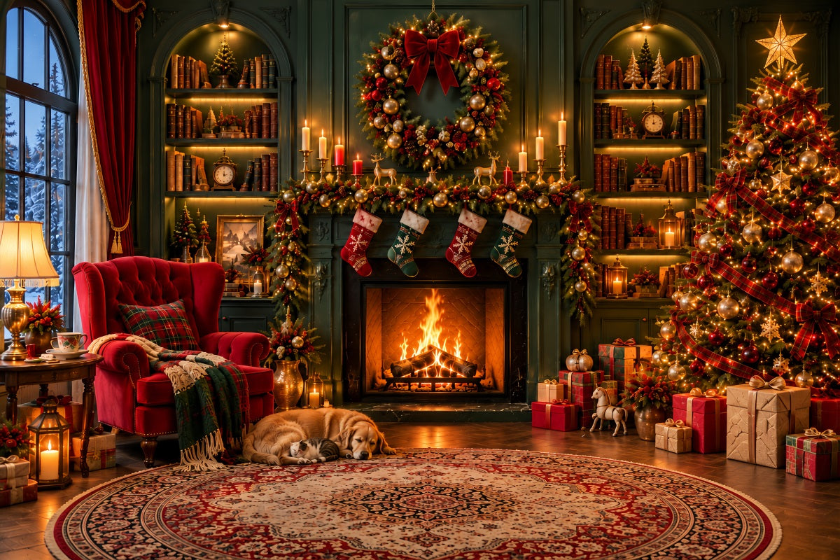Weihnachtskamin-Hintergrund Gemütliches Wohnzimmer Smaragdgrüne Wand LXX610-160