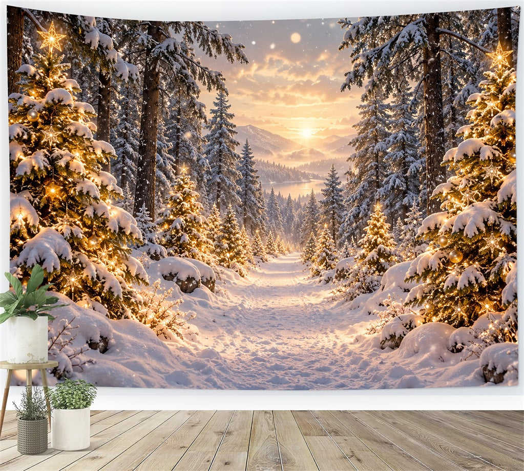 Weihnachtswald-Hintergrund Goldener Sonnenuntergang Verschneite Bäume LXX610-167