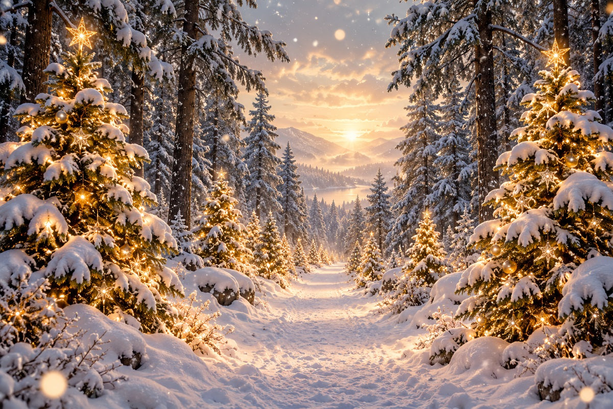 Weihnachtswald-Hintergrund Goldener Sonnenuntergang Verschneite Bäume LXX610-167
