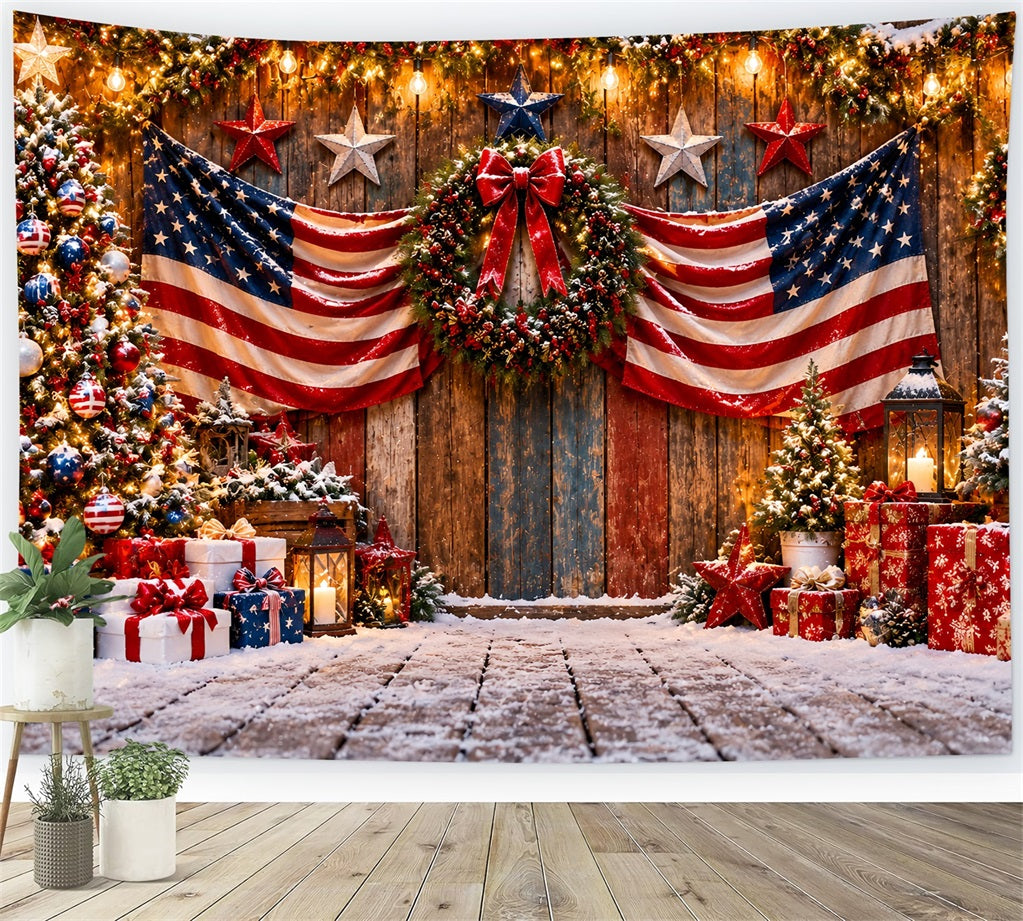 Ländlicher Weihnachtshintergrund Festlicher Eingang Mit Flaggen Und Weihnachtsbaum LXX610-168