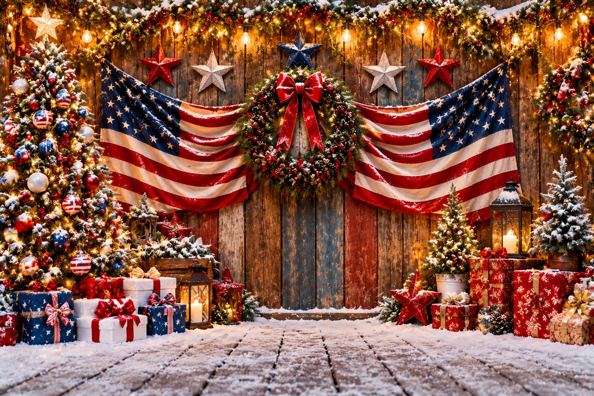 Ländlicher Weihnachtshintergrund Festlicher Eingang Mit Flaggen Und Weihnachtsbaum LXX610-168