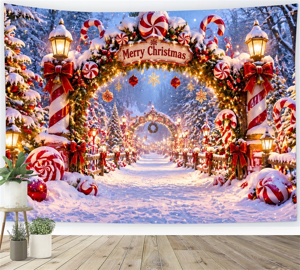 Weihnachtlicher Zuckerstangen-Hintergrund Pfefferminzkranz Verschneites Tor LXX610-176