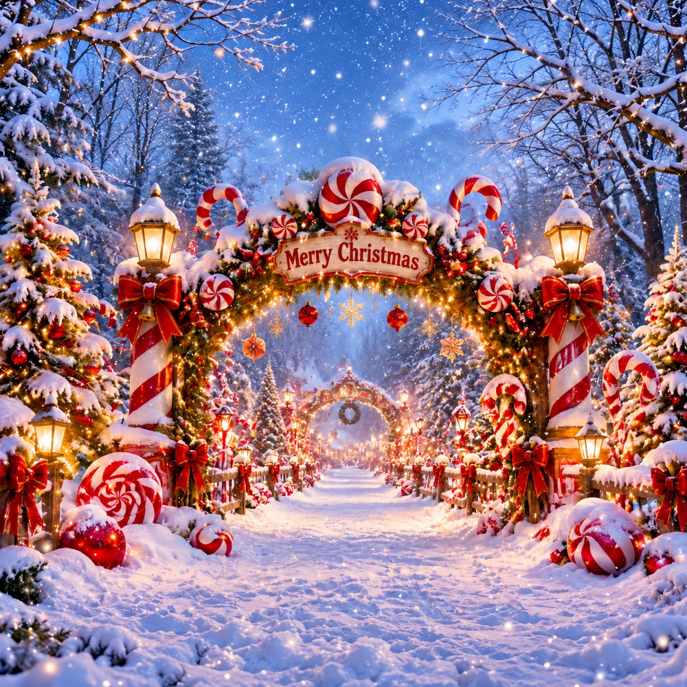 Weihnachtlicher Zuckerstangen-Hintergrund Pfefferminzkranz Verschneites Tor LXX610-176
