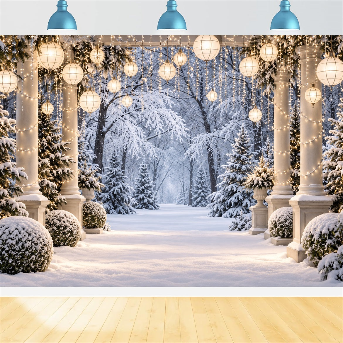 Weihnachtswald-Hintergrund Verschneiter Laternen-Säulengang LXX610-177