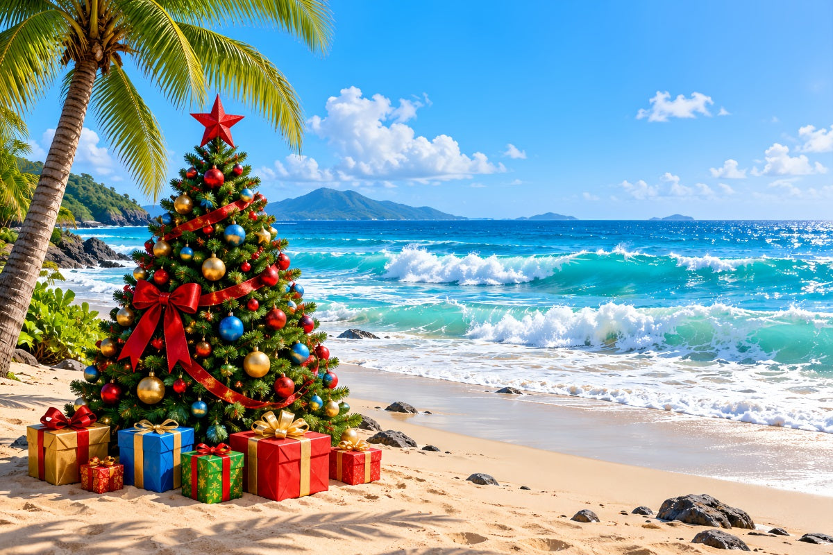 Weihnachtsbaum-Hintergrund Tropischer Strand Festliche Palmen LXX610-179