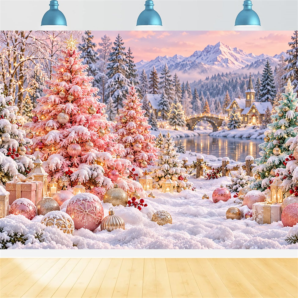 Weihnachtsbaum-Hintergrund Zartrosa Verschneites Dorf Bühnenkulisse LXX610-185