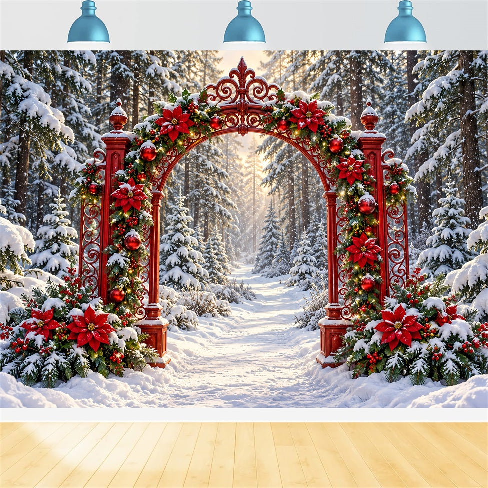 Verschneiter Weihnachtshintergrund Rote Weihnachtssternblumen Waldtorbogen LXX610-187