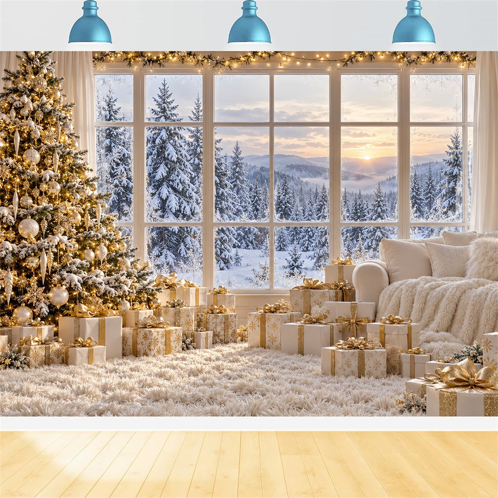 Weißer Weihnachtshintergrund Elfenbein-Goldenes Fenster Winteridylle LXX610-188