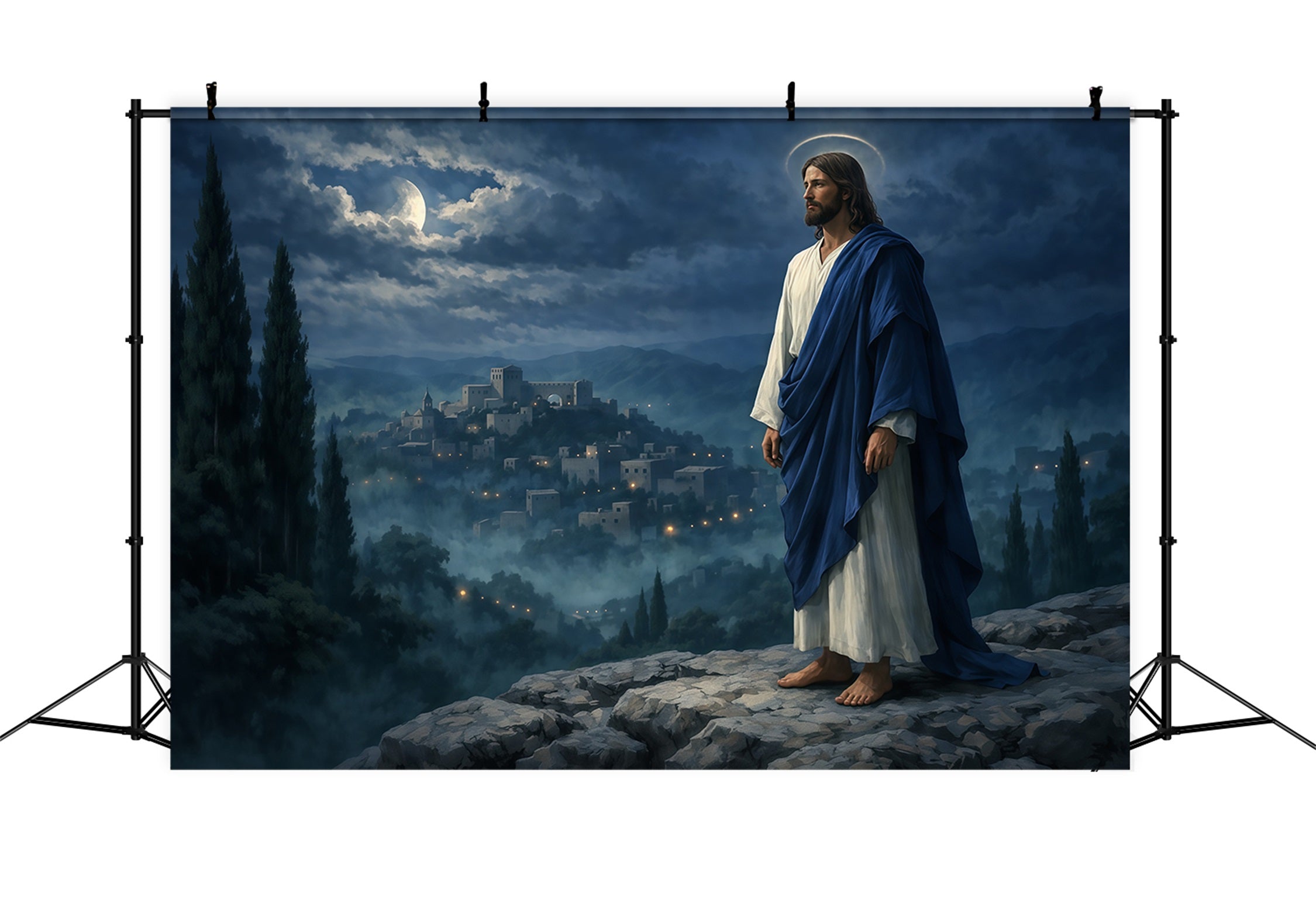 Kirche Ostern Fotohintergrund Mondbeschienener Messias Bergdorf Ostern Hintergrund LXX62-32