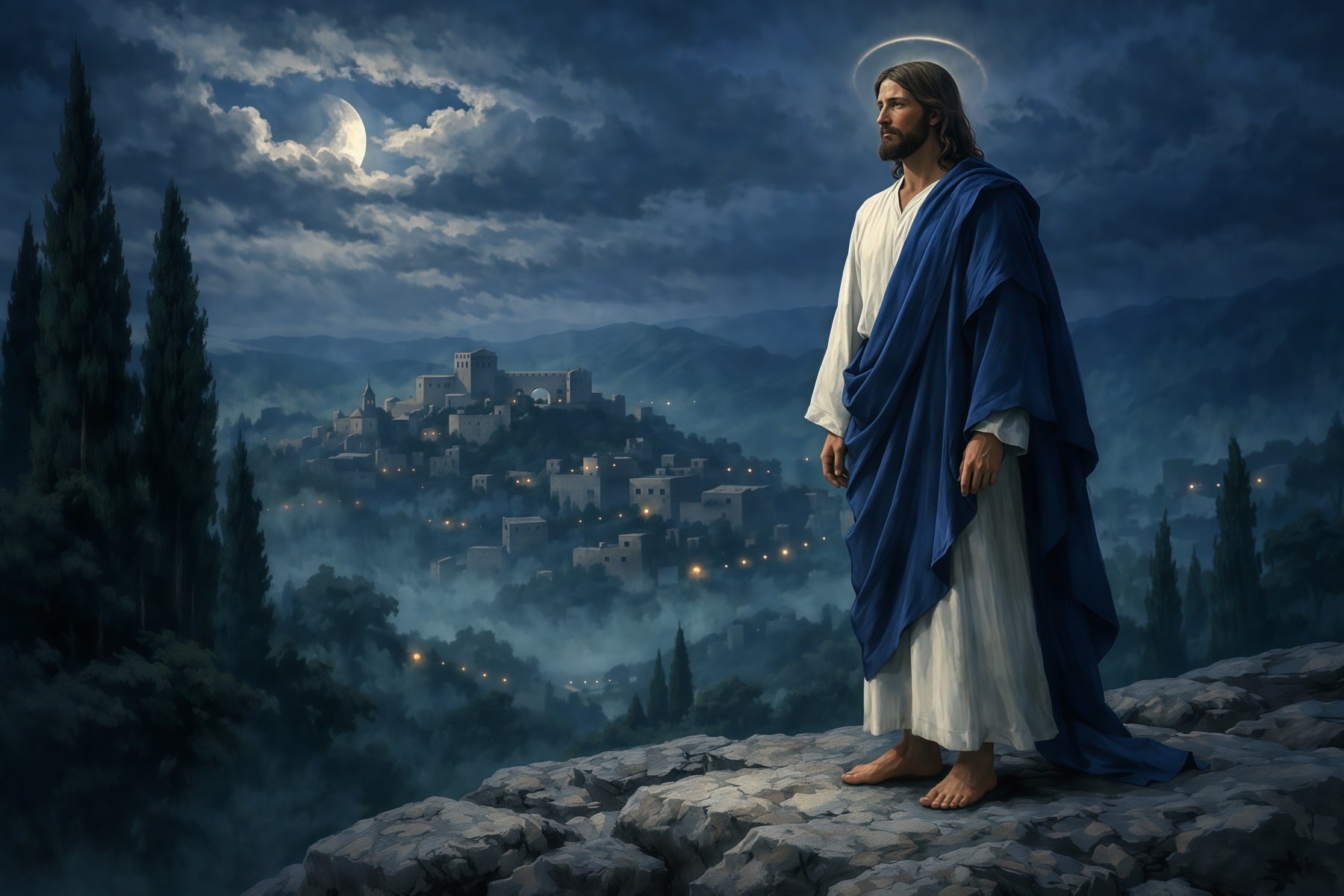 Kirche Ostern Fotohintergrund Mondbeschienener Messias Bergdorf Ostern Hintergrund LXX62-32