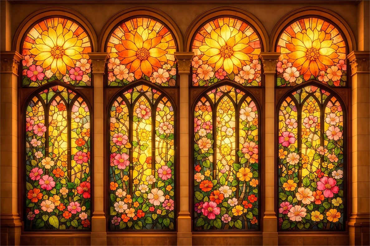 Buntglas-Hintergrund Goldene Blumen Kathedralfenster Ostern Fotohintergrund LXX62-33