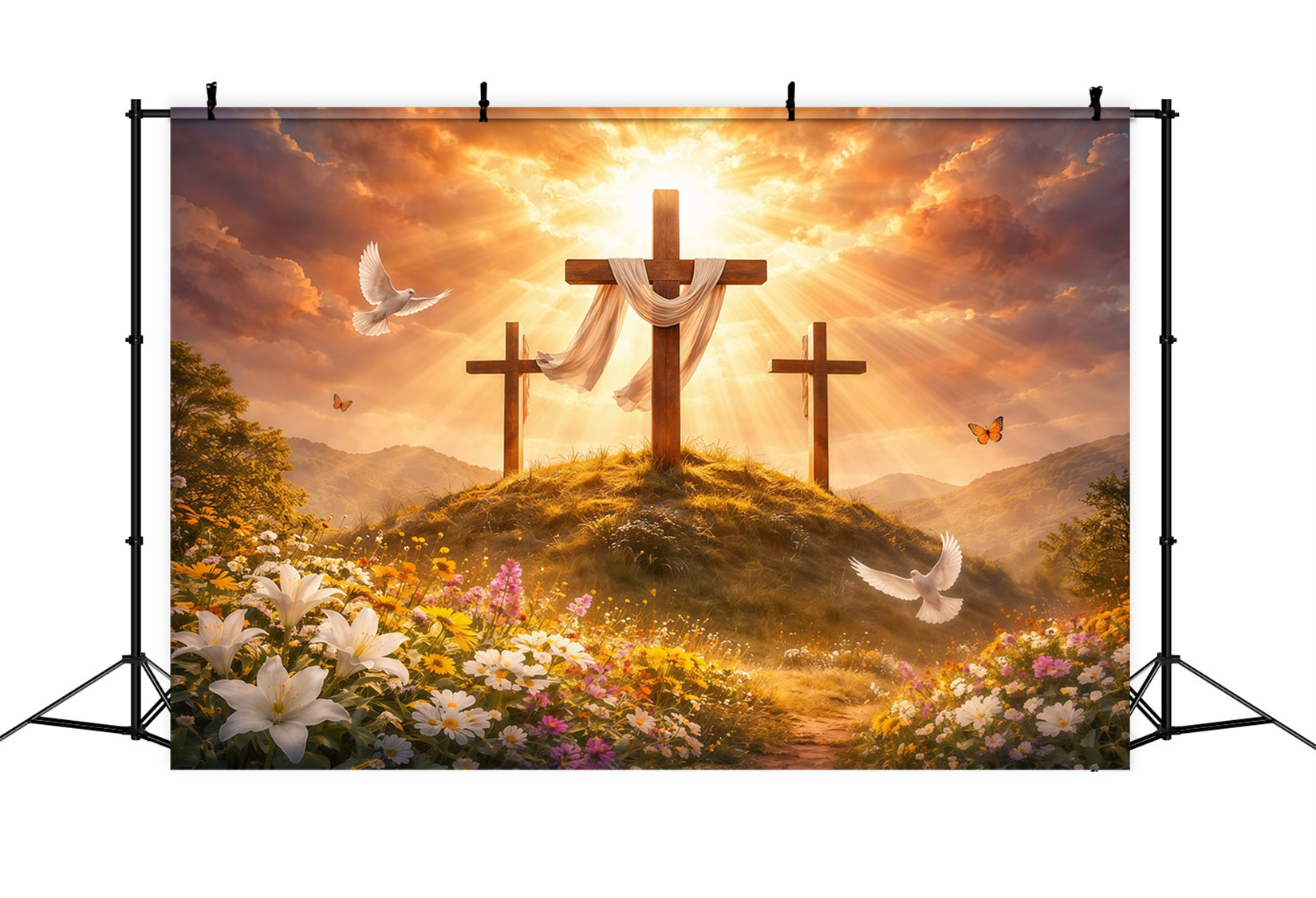 Ostern Kirche Hintergrund Goldene Herrlichkeit Drei Kreuze Wiese Ostern Fotohintergründe LXX62-38