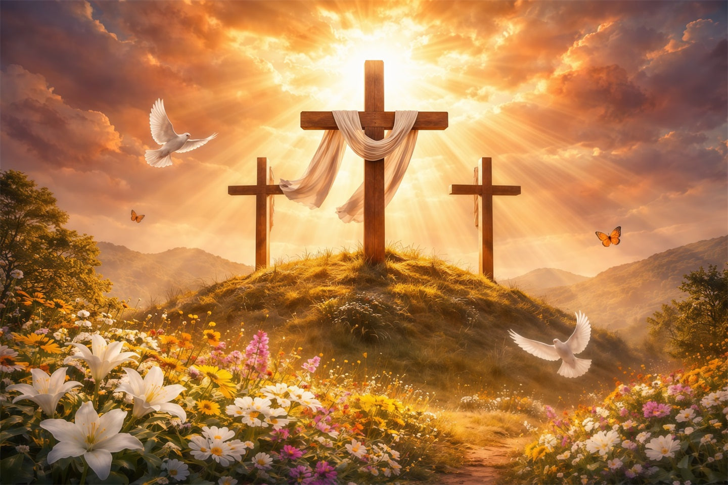 Ostern Kirche Hintergrund Goldene Herrlichkeit Drei Kreuze Wiese Ostern Fotohintergründe LXX62-38