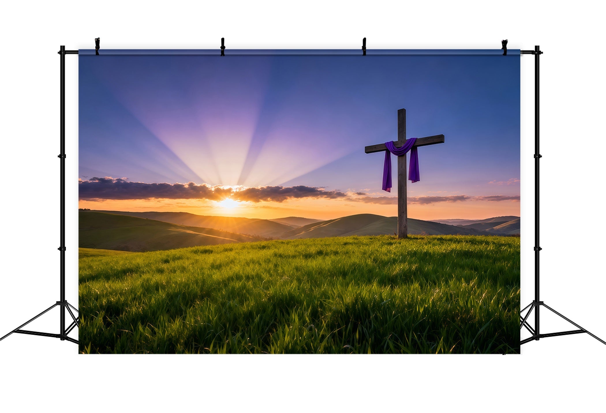 Religiöse Oster-Hintergründe Auferstehung Sonnenaufgang Hügel Kreuz Frohe Ostern-Hintergrund LXX62-46