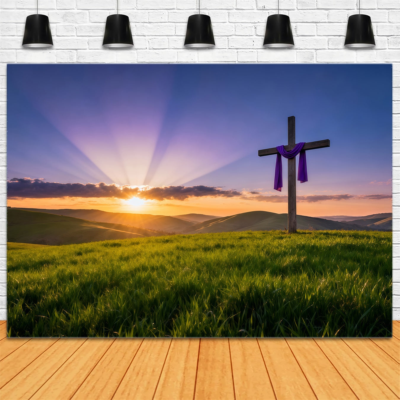 Religiöse Oster-Hintergründe Auferstehung Sonnenaufgang Hügel Kreuz Frohe Ostern-Hintergrund LXX62-46