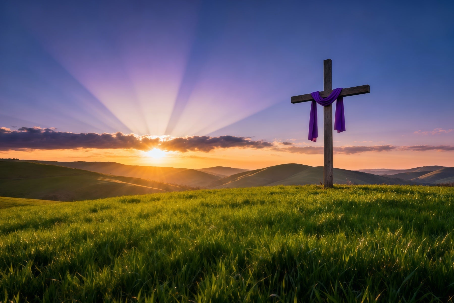 Religiöse Oster-Hintergründe Auferstehung Sonnenaufgang Hügel Kreuz Frohe Ostern-Hintergrund LXX62-46